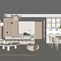 Modern Living Dining Room Interior With Beige Sofa Dining Table Pendant Lights And Glass Cabinets