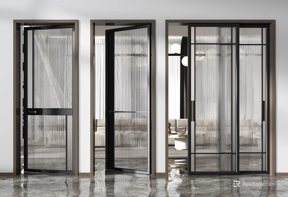 Modern Interior Hinged Doors With Glass Panels And Black Frames Design 3d model