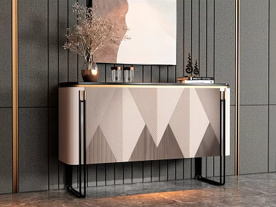 Modern Console Cabinet With Geometric Pattern Metal Frame Decorative Vase Candles And Wall Art 3d model