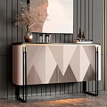 Modern Console Cabinet With Geometric Pattern Metal Frame Decorative Vase Candles And Wall Art