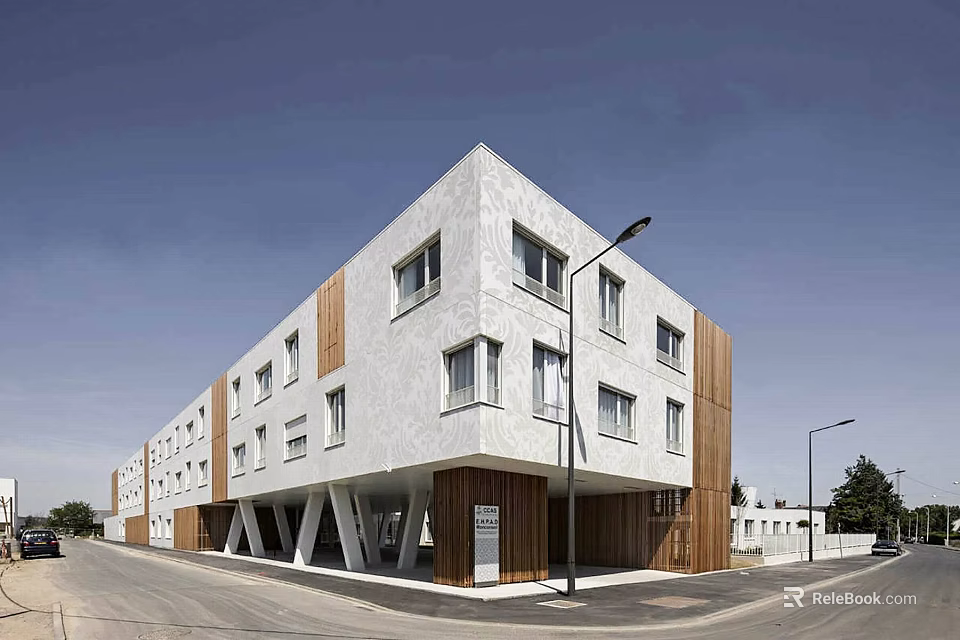 Modern Multi Storey Residential Building With White Exterior Wooden Elements And Street Lamps 3d model 