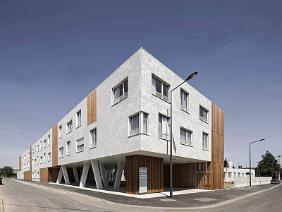 Modern Multi Storey Residential Building With White Exterior Wooden Elements And Street Lamps 3d model