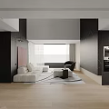 Modern Minimalist Open Plan Living And Dining Space With Stylish Floating Staircase And Soft Sofa