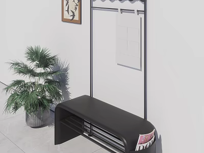 Black Shoe Bench With Storage Compartments Magazine And Potted Plant Near Wall Mirror 3d model