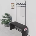 Black Shoe Bench With Storage Compartments Magazine And Potted Plant Near Wall Mirror