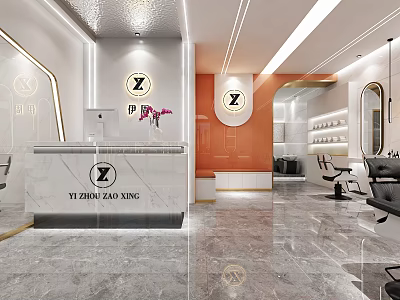 Modern Stylish Beauty Hair Salon Interior With Reception Counter Barber Chairs And Mirrors 3d model