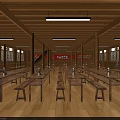 Spacious Wooden Meeting Room Interior With Long Tables Benches Windows And Hanging Lights