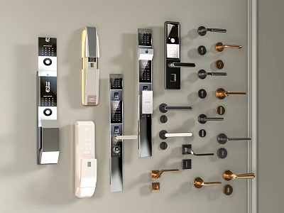 Various Modern Door Locks And Handles With Different Finishes For Home Security 3d model