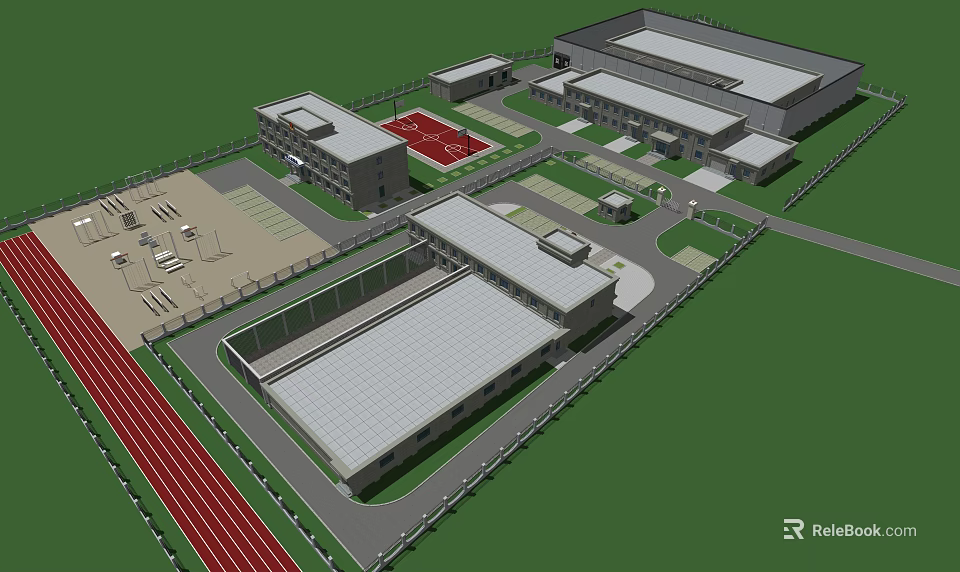 Campus Building Complex Featuring Red Running Track Sports Field Green Areas And Pathways 3d model 