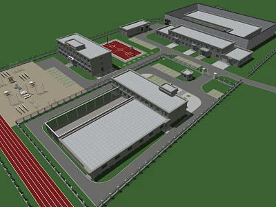 Campus Building Complex Featuring Red Running Track Sports Field Green Areas And Pathways 3d model