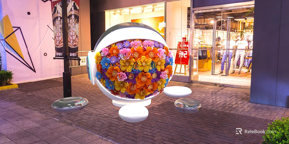 Decorative Spherical Structure Adorned With Colorful Flowers Near Storefront With Transparent Bases 3d model 