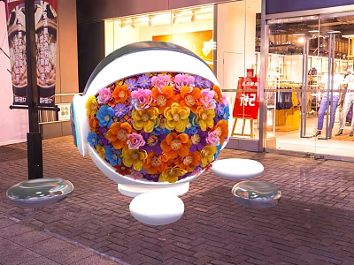 Decorative Spherical Structure Adorned With Colorful Flowers Near Storefront With Transparent Bases 3d model