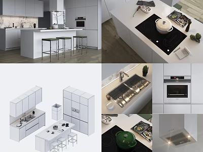 Modern Open Kitchen Bar Counter Interior Design With White Cabinets And Stools 3d model