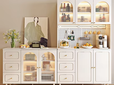 White Sideboard With Drawers Glass Front Upper Cabinets Wine Bottles Coffee Machine And Decorative Artwork 3d model