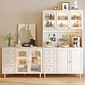 White Sideboard With Drawers Glass Front Upper Cabinets Wine Bottles Coffee Machine And Decorative Artwork