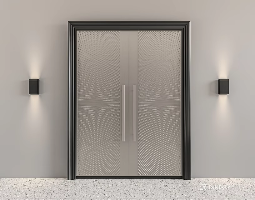 Modern Entrance Door With Black Frame Line Pattern Glass And Wall Lamps On Light Gray Wall 3d model 