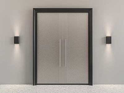 Modern Entrance Door With Black Frame Line Pattern Glass And Wall Lamps On Light Gray Wall 3d model