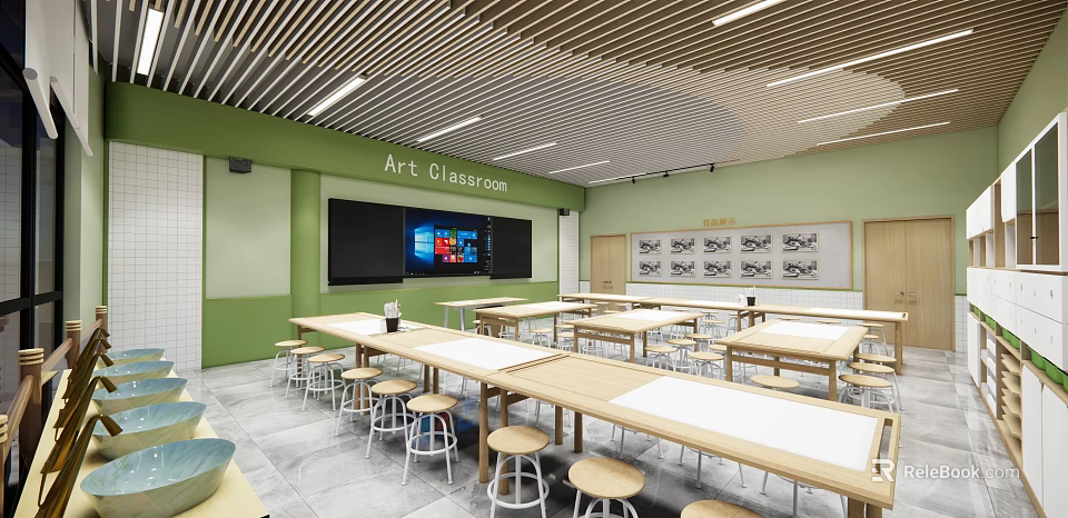 School Art Classroom Interior Featuring Green Walls Long Tables Stools And Student Artwork 3d model 