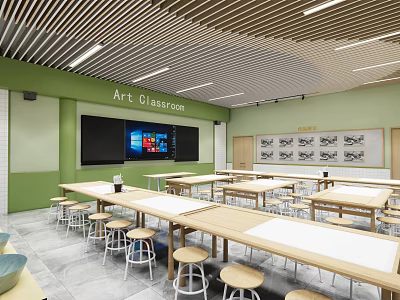School Art Classroom Interior Featuring Green Walls Long Tables Stools And Student Artwork 3d model