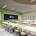 School Art Classroom Interior Featuring Green Walls Long Tables Stools And Student Artwork 3d model