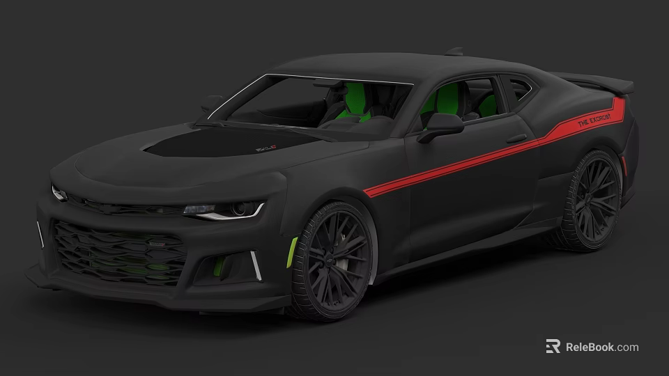 Black Sports Car Featuring Red Stripe Accent And Green Interior Seats 3d model 
