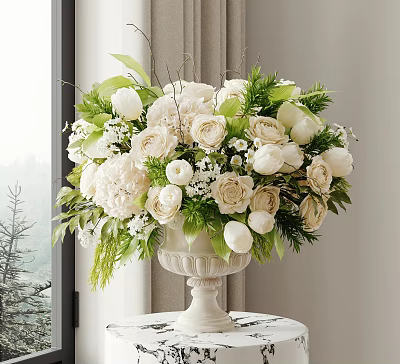 Elegant White Vase With White Roses Hydrangeas Green Leaves And Natural Window Light 3d model