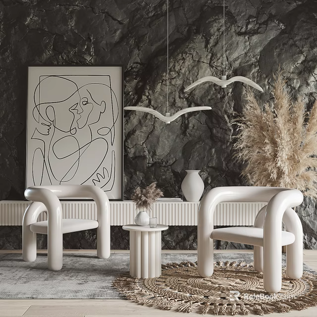 Minimalist Leisure Sofa Set With Curved Armchairs And Small Side Table 3d model