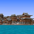 Ancient Architecture Complex With Traditional Wooden Structures And Pagoda Style Roofs By Serene Blue Waterfront