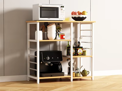 Modern Kitchen Storage Shelf With Microwave Coffee Machine Fruit Bowl Jars Mugs And Utensils 3d model