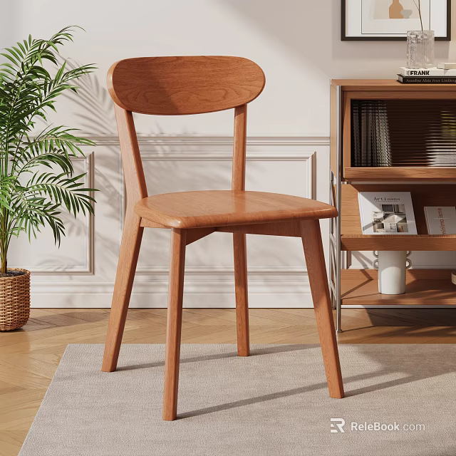 Wooden Dining Chair With Minimalist Design In Living Room With Bookshelf And Plant 3d model 