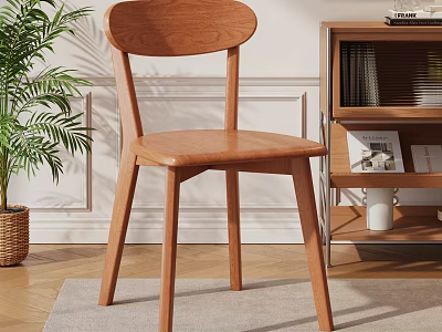 Wooden Dining Chair With Minimalist Design In Living Room With Bookshelf And Plant 3d model