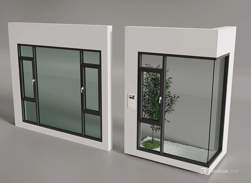 Casement Windows With Black Frames Clear Glass Modern Design And Small Tree Gravel Bed 3d model 