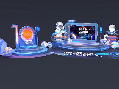 Tech Themed Tobacco And Alcohol Store 10th Anniversary Event With Space Decor Astronauts And Planets 3d model