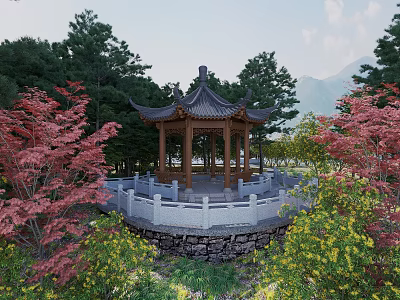 Ancient Chinese Pavilion with Stone Railings Surrounded by Red Green Trees and Mountain Sky Backdrop 3d model