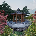 Ancient Chinese Pavilion with Stone Railings Surrounded by Red Green Trees and Mountain Sky Backdrop