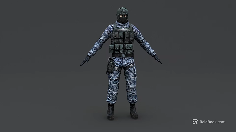 Military Tactical Game Movie Character in Camouflage Uniform with Tactical Vest Helmet and Pistol 3d model 