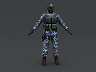 Military Tactical Game Movie Character in Camouflage Uniform with Tactical Vest Helmet and Pistol 3d model