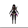 Children Character With Black Long Hair In Dark Purple Fantasy Costume And Metal Decorations