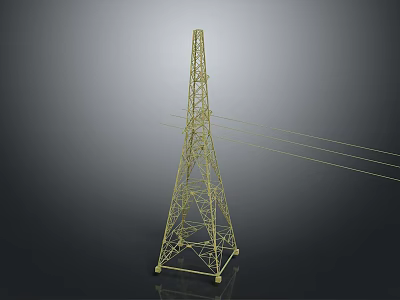 Modern Golden Steel Power Tower With Overhead Power Lines And Grid Structure 3d model