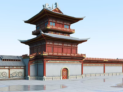 Traditional Ancient Chinese Architecture Featuring Three Story Tower Red Walls Overhanging Eaves And Gray Tiles 3d model