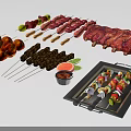 Assorted Grilled Food Platter With Meat Kebabs Ribs Vegetable Skewers Fruits And Sauce