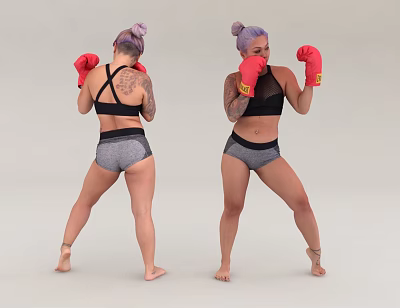 Women With Red Boxing Gloves Tattoos Black Sports Bra And Gray Shorts In Boxing Stance 3d model