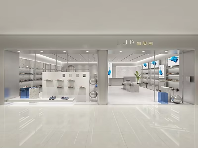 Modern Shoe Store Interior With Glass Facade White Blue Decor Shelves And Bright Lighting 3d model