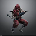 The Man in Red Ninja Costume in Fighting Stance Wielding Dual Swords with Rope Details