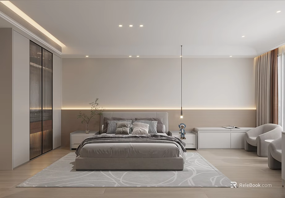 Modern Bedroom Interior With Large Bed Gray Bedding Area Rug And Hanging Light 3d model 