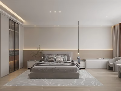 Modern Bedroom Interior With Large Bed Gray Bedding Area Rug And Hanging Light 3d model
