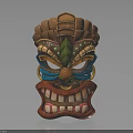 Tiki Mask Inspired Hat With Feather Accents And Colorful Carved Details