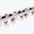 Long Modern Office Desk Setup With Multiple Computer Monitors And Orange Ergonomic Chairs 3d model