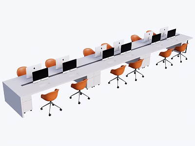 Long Modern Office Desk Setup With Multiple Computer Monitors And Orange Ergonomic Chairs 3d model