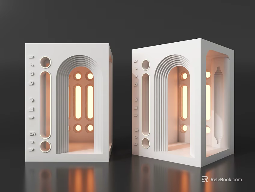 Modern White Wall Lamps Geometric Square Frame Arch Structure Circular Cutouts Illuminated Warm Light 3d model 